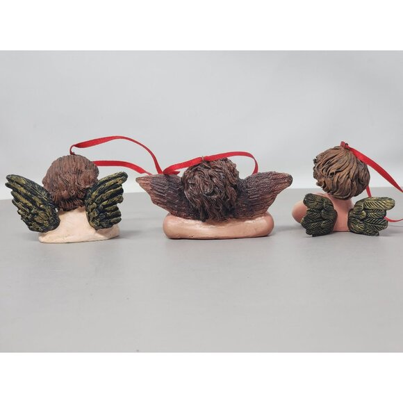 Set Of 3 Resin Angel Cherub Ornaments With Green Wings & Red Ribbon‎ Hangers - Picture 3 of 11